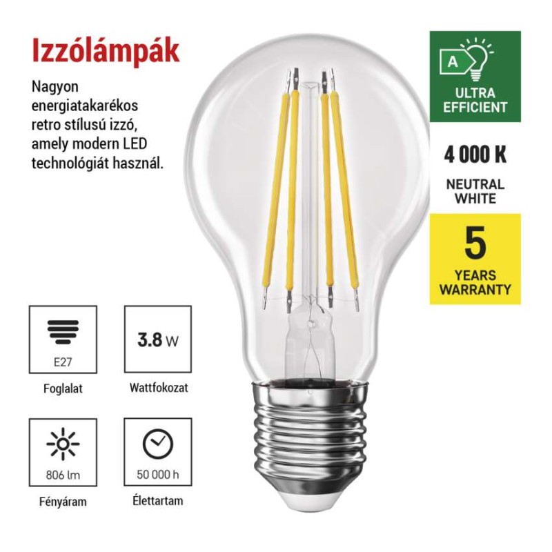 LED izzó Filament A60 A CLASS / E27 / 3,8 W (60 W) / 806 lm / természetes fehér