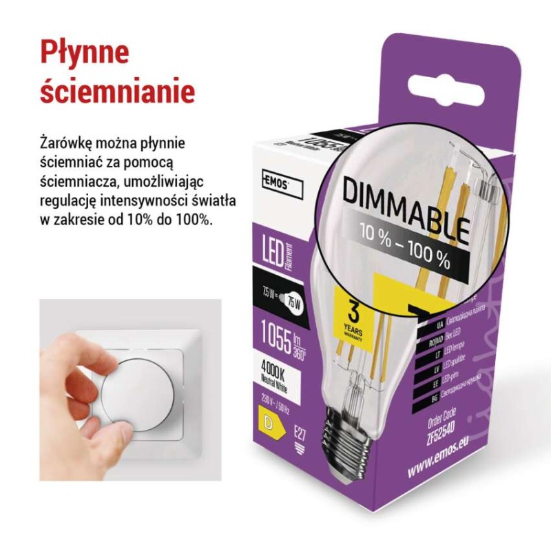Żarówka LED Filament A60 / E27 / 7,5 W (75 W) / 1 055 lm / neutralna biel / ściemnialna