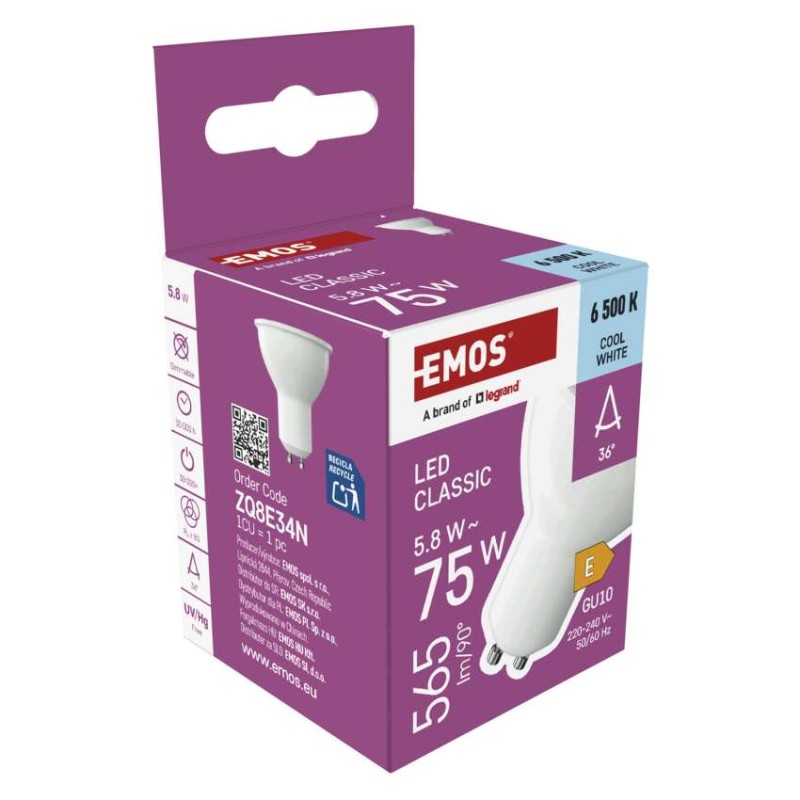 LED spuldze Classic MR16 balts/ GU10 / 5,8 W (75 W) / 565 lm / Auksts balts