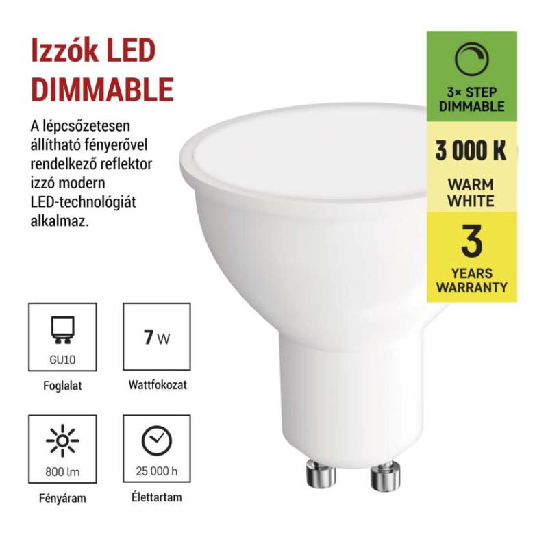 LED izzó Classic MR16 / GU10 / 7 W (60 W) / 800 lm / meleg fehér / dimmelhető