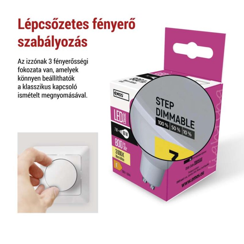 LED izzó Classic MR16 / GU10 / 7 W (60 W) / 800 lm / meleg fehér / dimmelhető