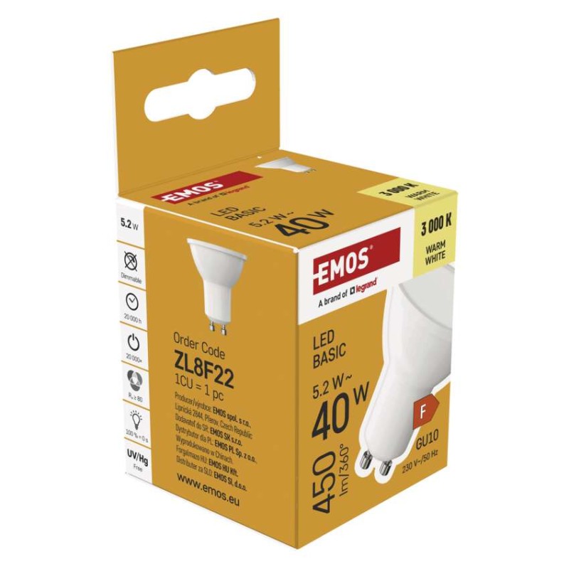 LED spuldze Basic MR16 / GU10 / 5,2 W (40 W) / 450 lm / Silti balta