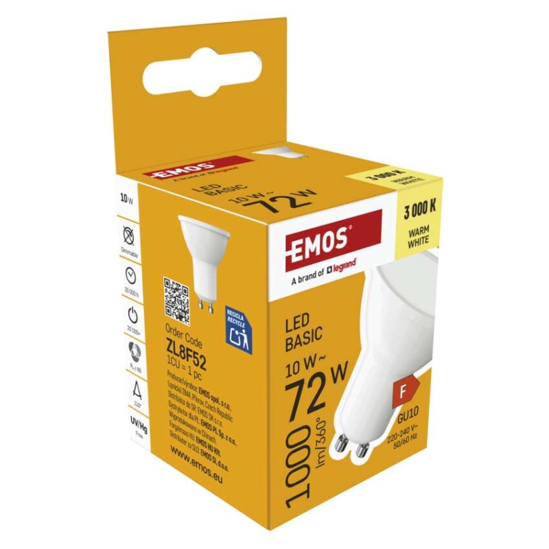 LED spuldze Basic MR16 balts/ GU10 / 10 W (72 W) / 1000 lm / Silti balta