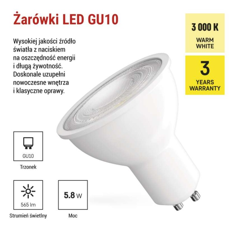 Żarówka LED Classic MR16 / GU10 / 5,8 W (75 W) / 565 lm / ciepła biel