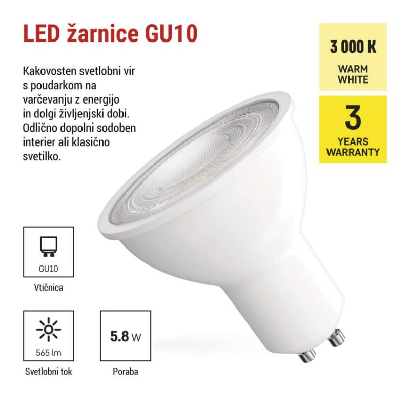 LED žarnica Classic MR16 bela/ GU10 / 5,8 W (75 W) / 565 lm / Toplo bel
