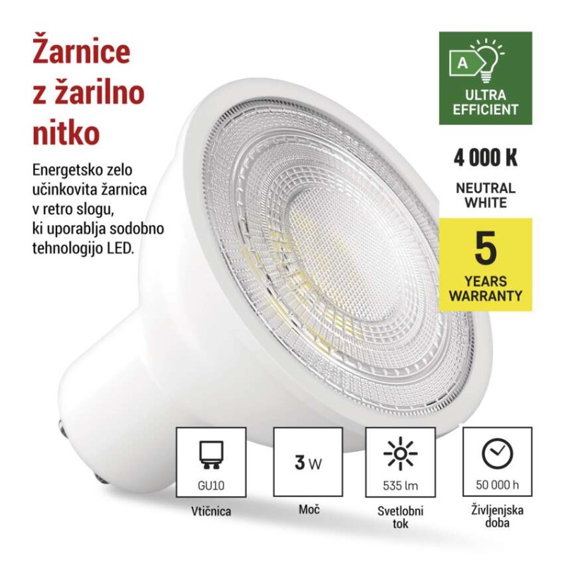 LED žarnica Classic MR16 A CLASS/ GU10 / 3 W (40 W) / 535 lm / Nevtralna bela