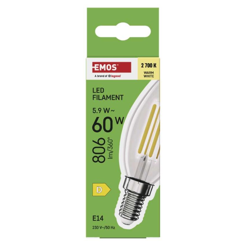 LED spuldze Filament Candle / E14 / 5,9 W (60 W) / 806 lm / Silti balta