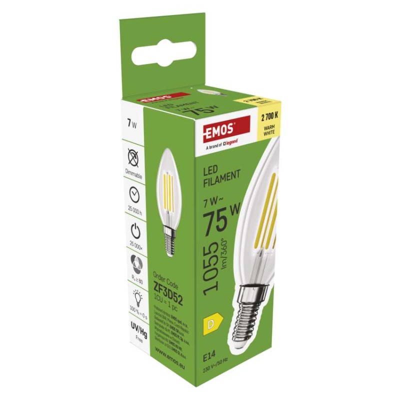 LED spuldze Filament Candle / E14 / 7 W (75 W) / 1055 lm / Silti balta