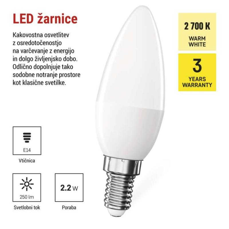 LED žarnica Classic Candle / E14 / 2,2 W (25 W) / 250 lm / toplo bela