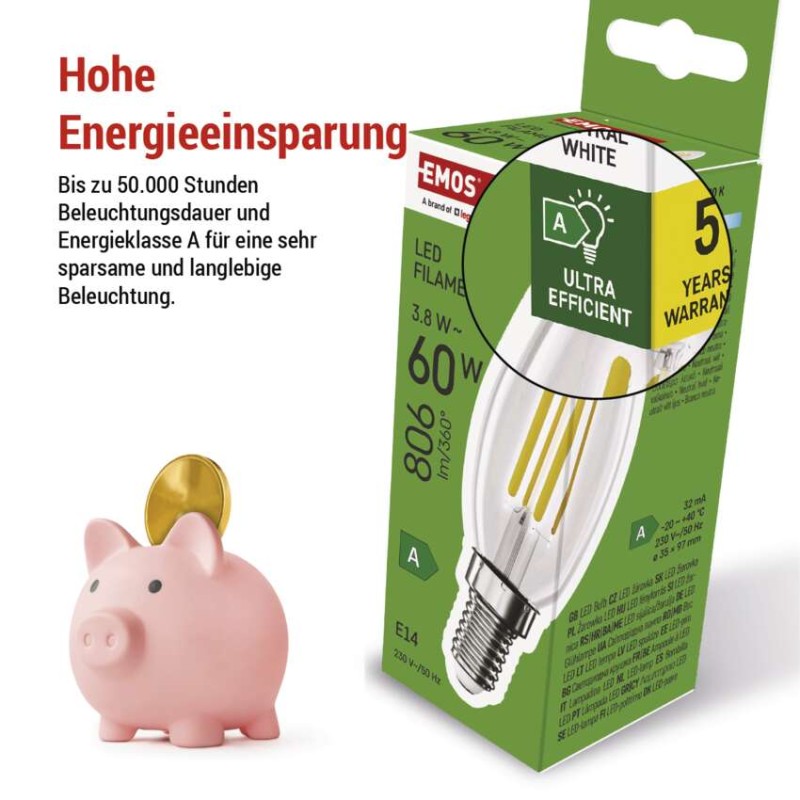 LED Lampe Filament Candle A CLASS/ E14 / 3,8 W (60 W) / 806 lm / Neutralweiß