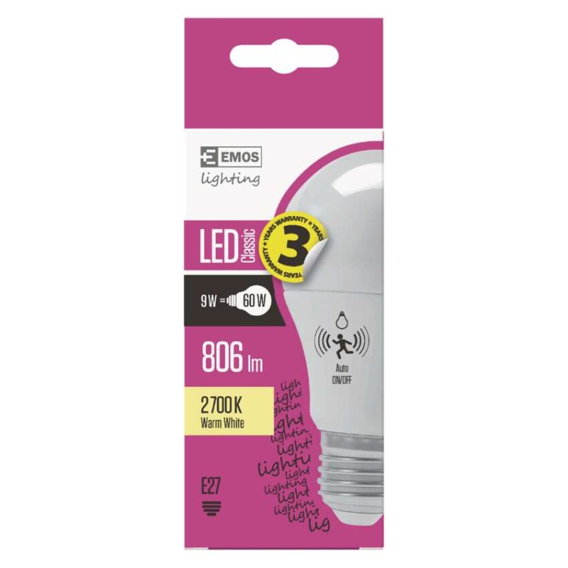 LED žiarovka Classic s pohyb. senzorom A60 9W E27 teplá b.