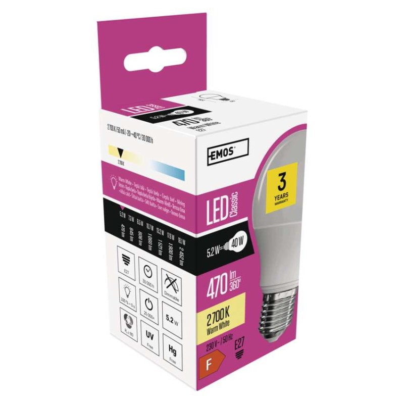 LED žiarovka Classic A60 / E27 / 5,2 W (40 W) / 470 lm / teplá biela