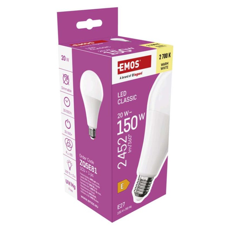 LED žarnica Classic A80 / E27 / 20 W (150 W) / 2452 lm / Toplo bel