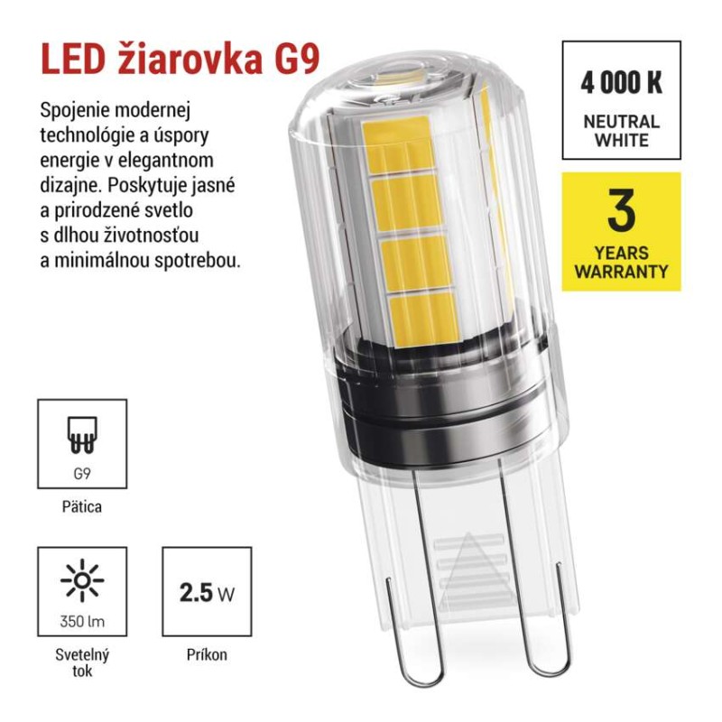 LED žiarovka Classic JC / G9 / 2,5 W (32 W) / 350 lm / Neutrálna biela