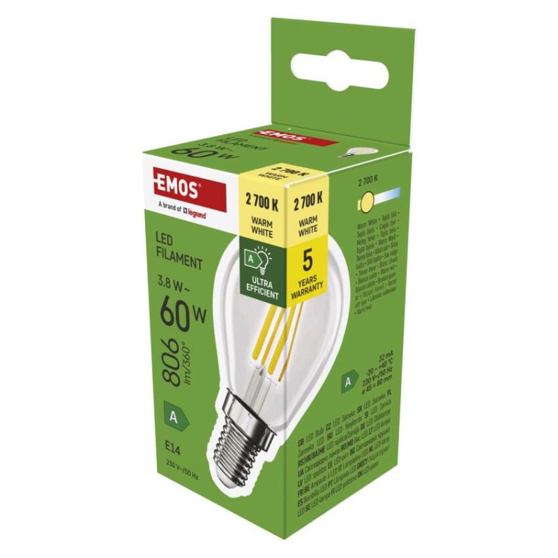 LED spuldze Filament Mini Globe A CLASS / E14 / 3,8 W (60 W) / 806 lm / silti balta