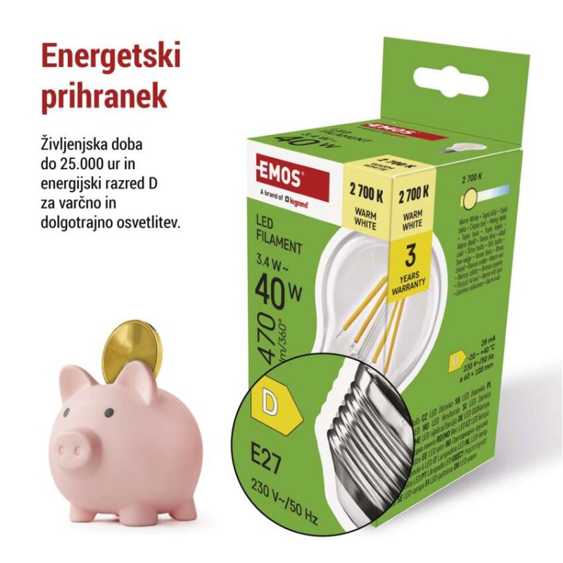 LED žarnica Filament A60 / E27 / 3,4 W (40 W) / 470 lm / Toplo bel