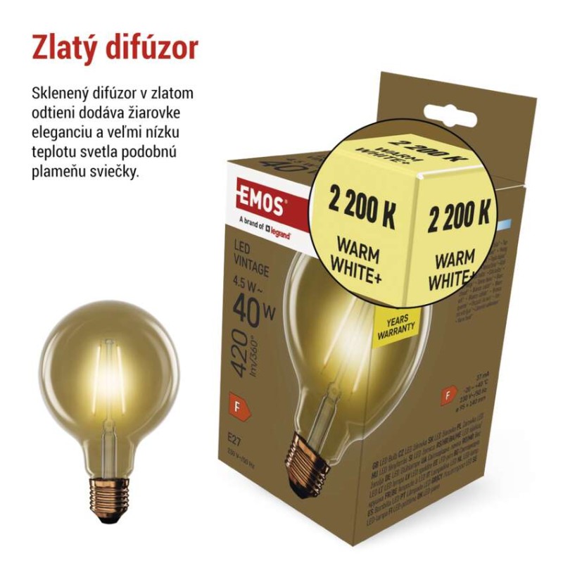 LED žiarovka Vintage G95 / E27 / 4,5 W (40 W) / 420 lm / Teplá biela