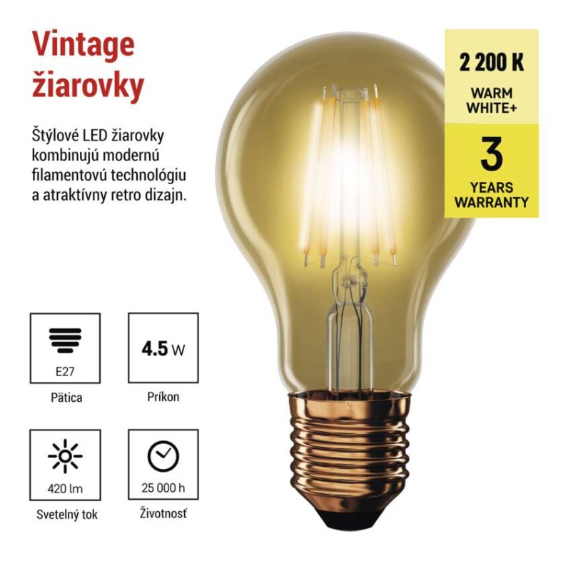 LED žiarovka Vintage A60 / E27 / 4,5 W (40 W) / 420 lm / Teplá biela