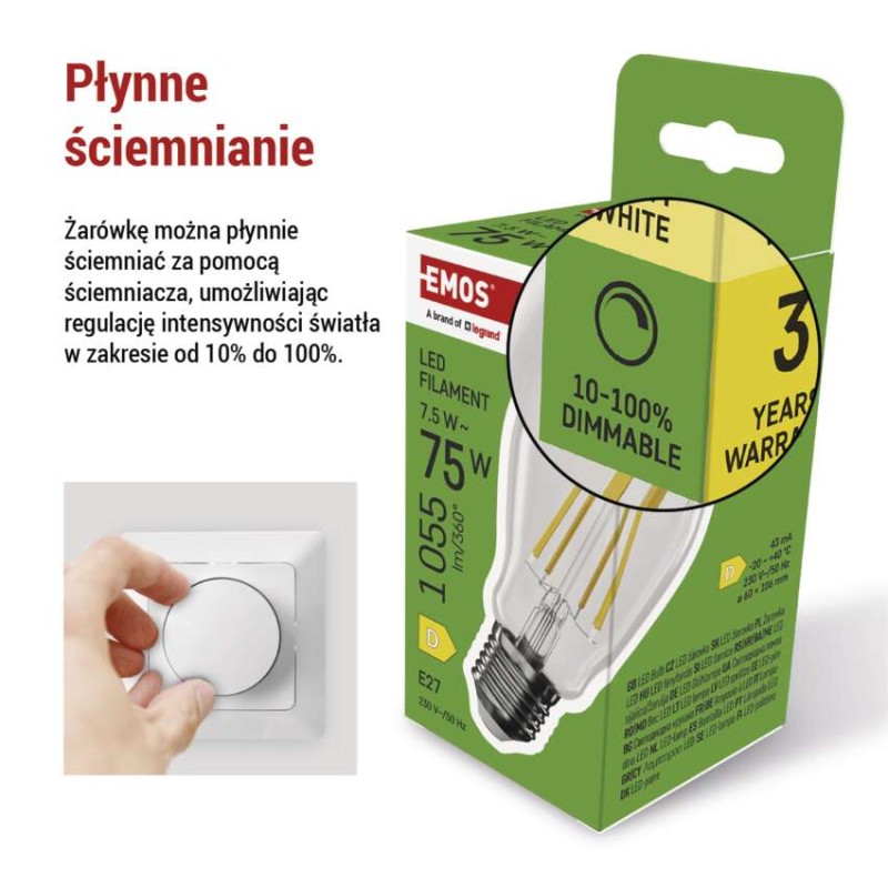 Żarówka LED Filament A60/ E27 / 7,5 W (75 W) / 1 055 lm /ciepła biel / ściemnialna