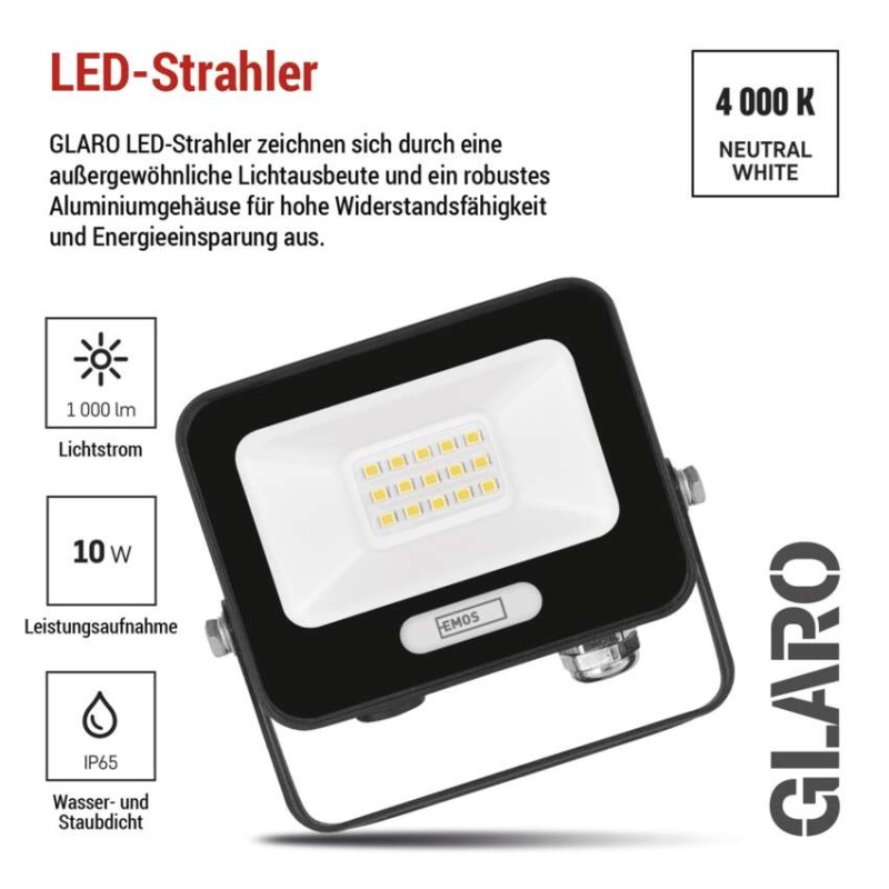 LED reflektor GLARO 10W, schwarz, IP65, 1000 lm, neutralweiß