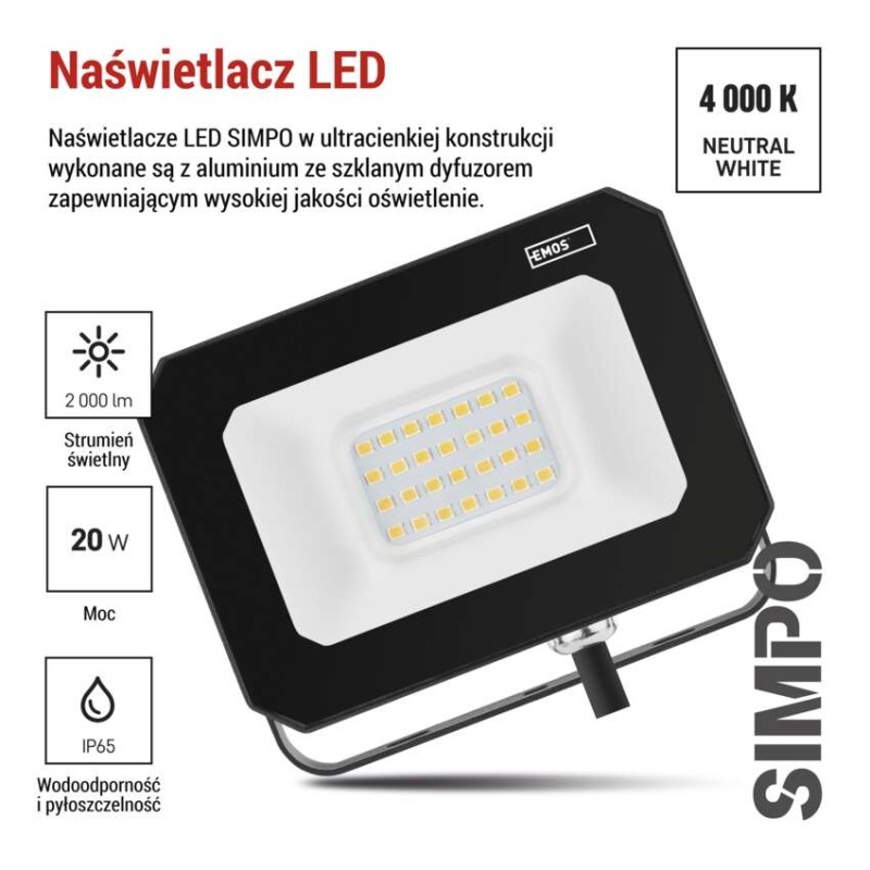 Naświetlacz LED SIMPO 20W, neutralna biel