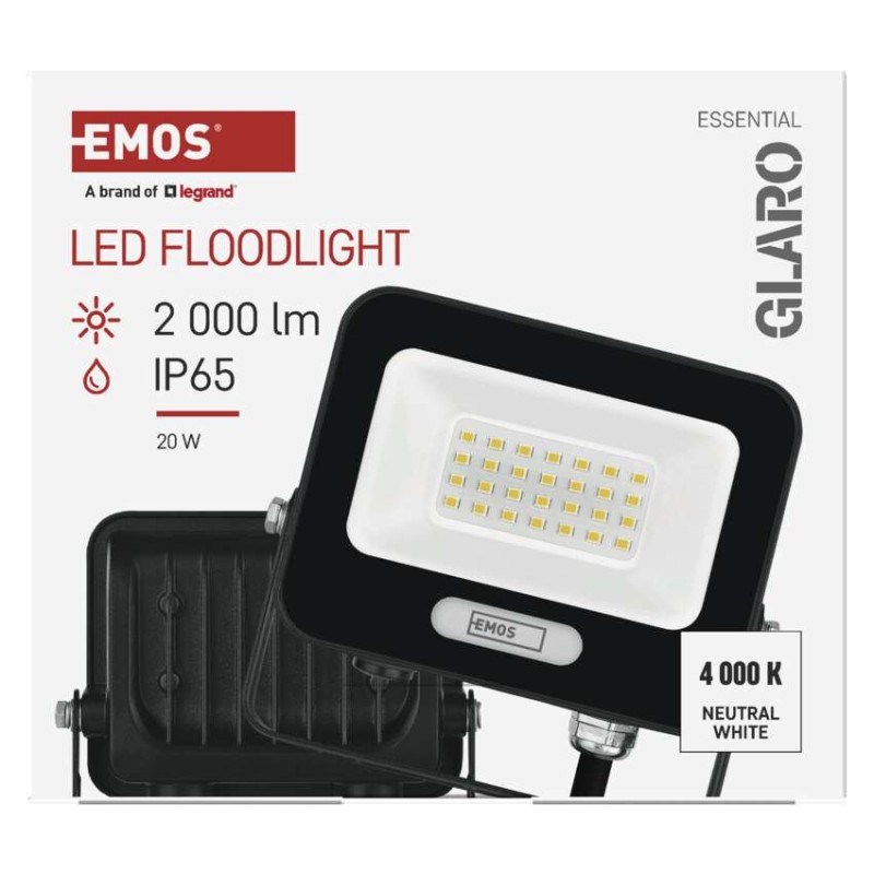 LED reflektor GLARO 20W, črni, IP65, 2000 lm, nevtralna bela