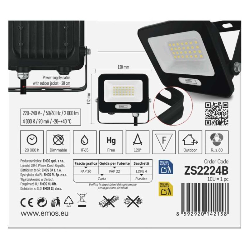 LED reflektor GLARO 20W, črni, IP65, 2000 lm, nevtralna bela