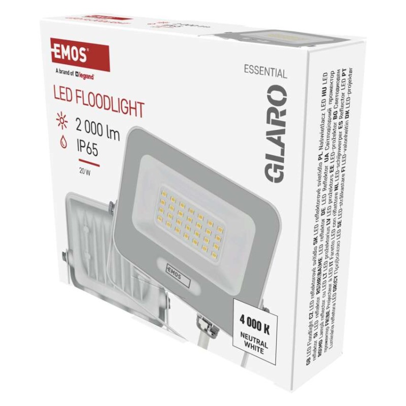 LED reflektor GLARO 20W, bílý, IP65, 2000 lm, neutrální bílá