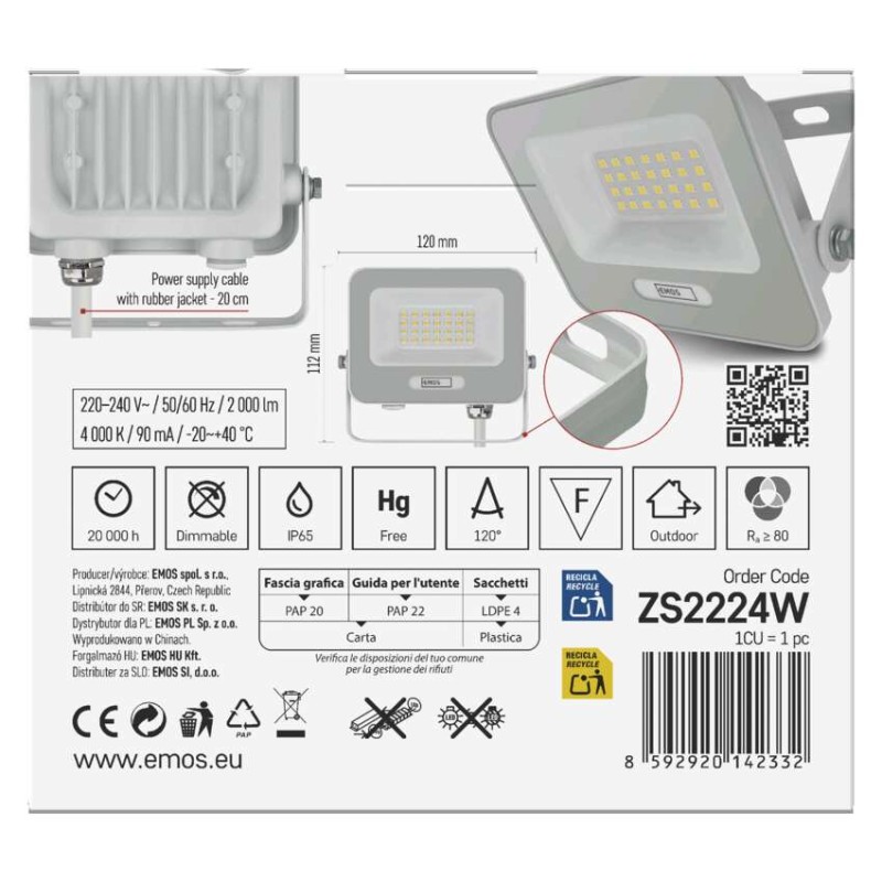 LED reflektor GLARO 20W, bílý, IP65, 2000 lm, neutrální bílá