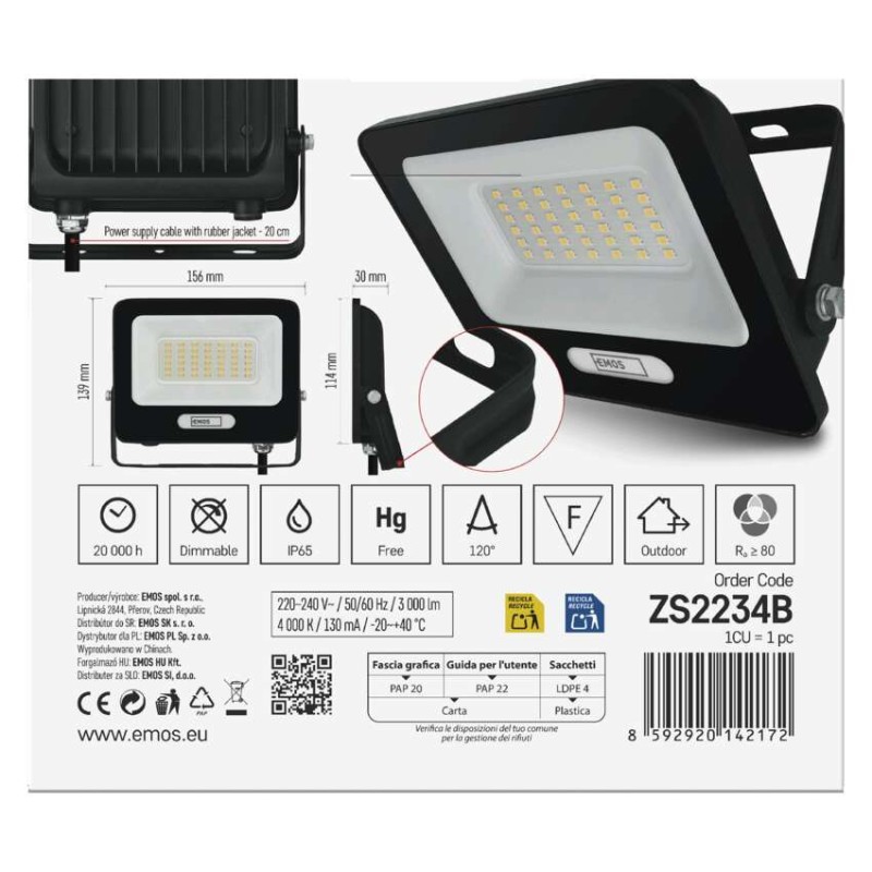 LED reflektor GLARO 30W, čierny, IP65, 3000 lm, neutrálna biela