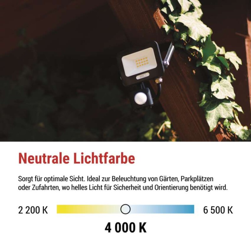 LED reflektor GLARO mit Bewegungssensor, 10 W, schwarz, IP54, 1000 lm, neutralweiß