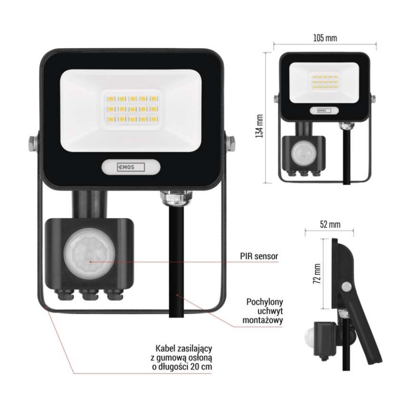 Naświetlacz LED GLARO PIR 10 W, czarny, IP54, 1000 lm, neutralna biel