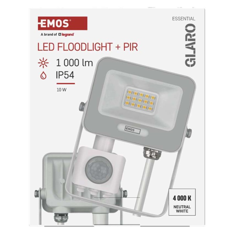 Naświetlacz LED GLARO PIR 10 W, biały, IP54, 1000 lm, neutralna biel