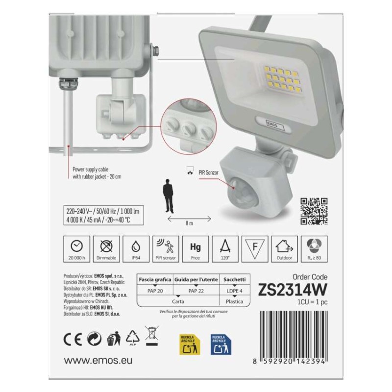 Naświetlacz LED GLARO PIR 10 W, biały, IP54, 1000 lm, neutralna biel