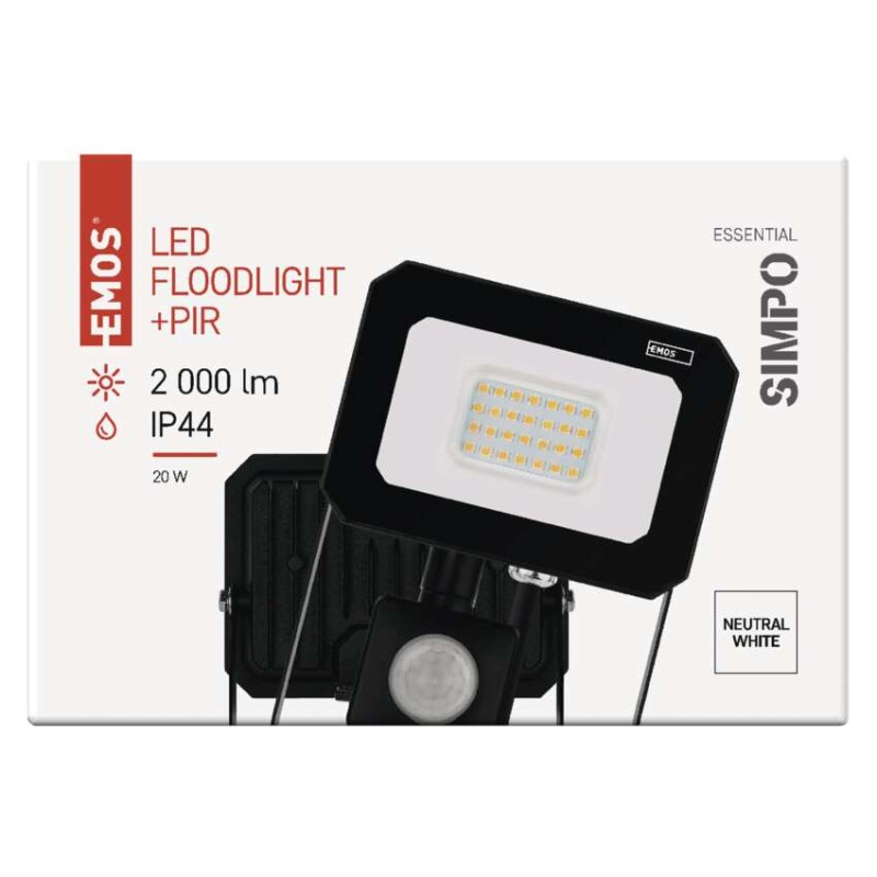 SIMPO LED prožektors ar kustības sensoru, 20 W, melns, neitrāli balts