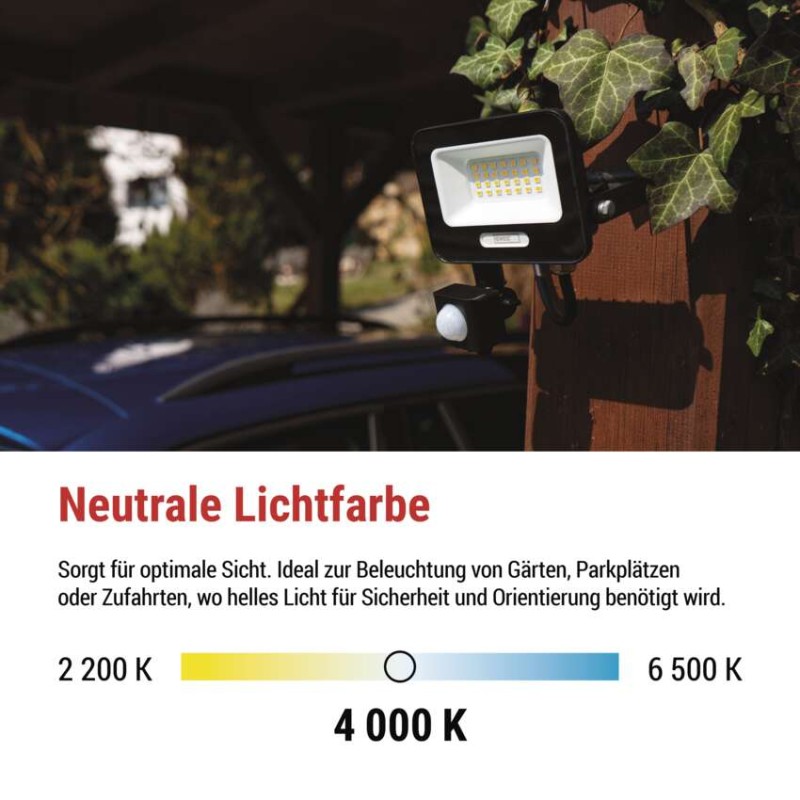 LED reflektor GLARO mit Bewegungssensor, 20 W, schwarz, IP54, 2000 lm, neutralweiß