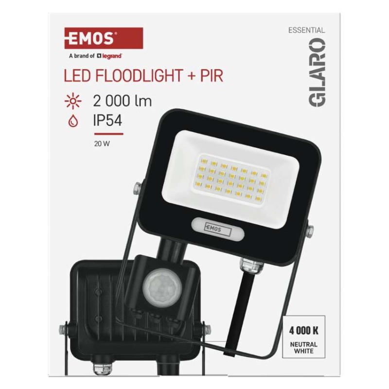 LED reflektor GLARO mit Bewegungssensor, 20 W, schwarz, IP54, 2000 lm, neutralweiß