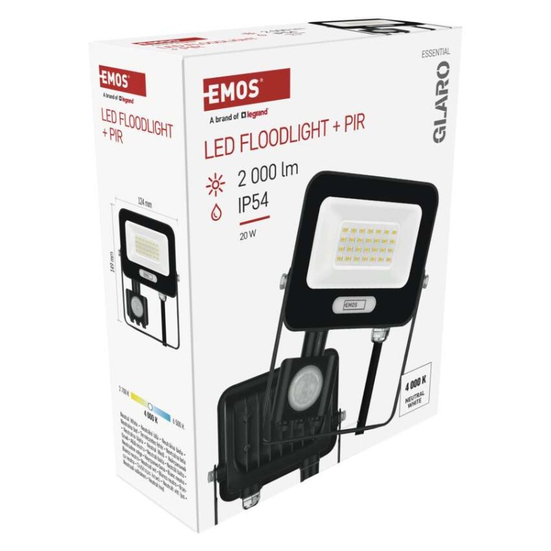 LED reflektor GLARO mit Bewegungssensor, 20 W, schwarz, IP54, 2000 lm, neutralweiß