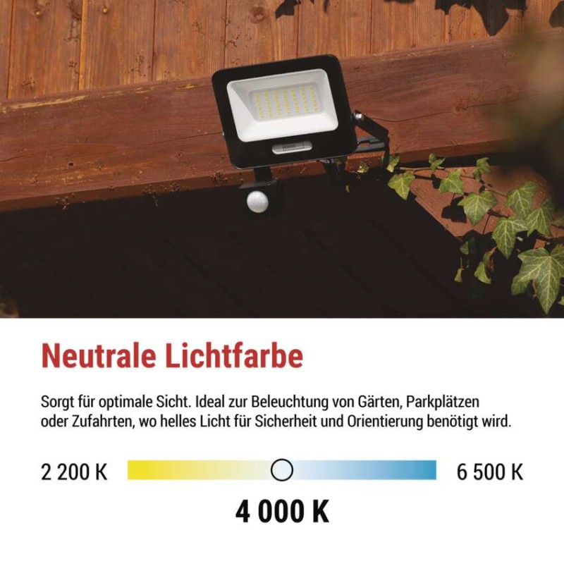 LED reflektor GLARO mit Bewegungssensor, 30 W, schwarz, IP54, 3000 lm, neutralweiß