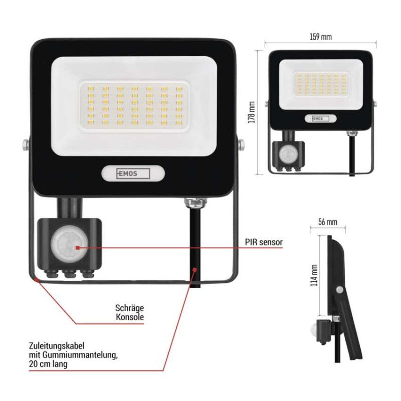 LED reflektor GLARO mit Bewegungssensor, 30 W, schwarz, IP54, 3000 lm, neutralweiß