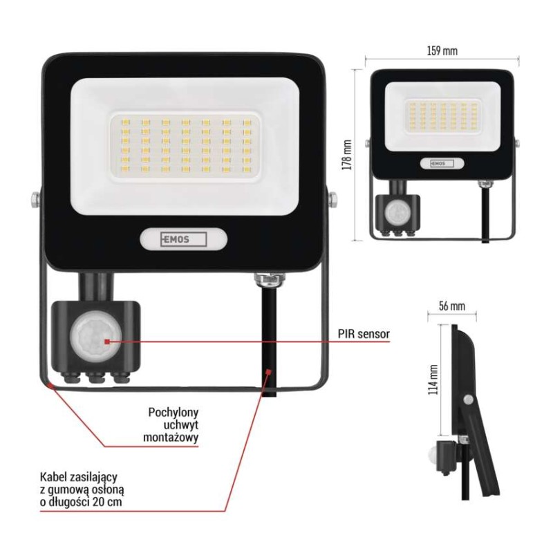 Naświetlacz LED GLARO PIR 30 W, czarny, IP54, 3000 lm, neutralna biel