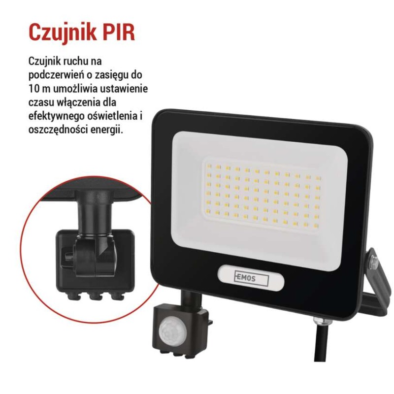 Naświetlacz LED GLARO PIR 50 W, czarny, IP54, 5000 lm, neutralna biel