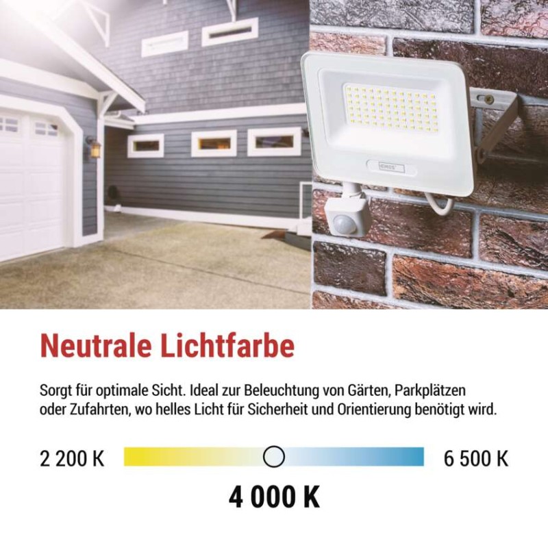 LED reflektor GLARO mit Bewegungssensor, 50 W,weiß, IP54, 5000 lm, neutralweiß