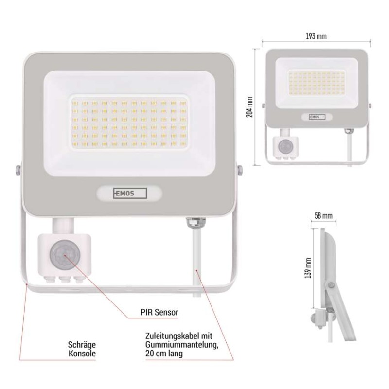 LED reflektor GLARO mit Bewegungssensor, 50 W,weiß, IP54, 5000 lm, neutralweiß