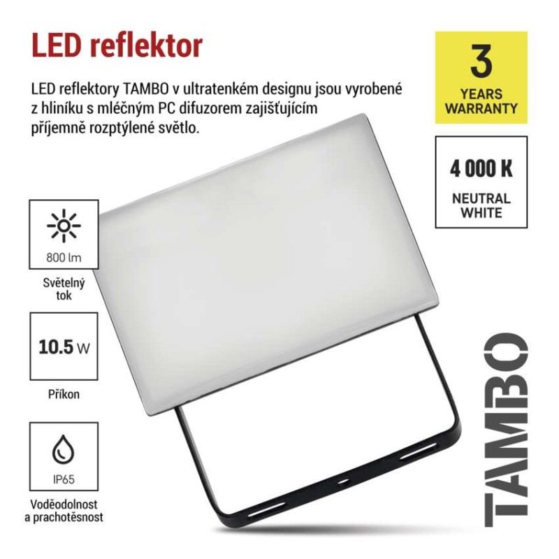 LED reflektor TAMBO 10,5 W, černý, neutrální bílá
