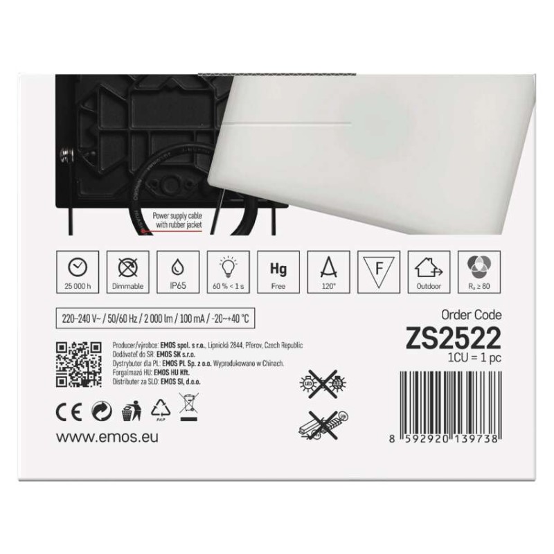 LED reflektor TAMBO, 20 W, 2000 lm, IP65, černý