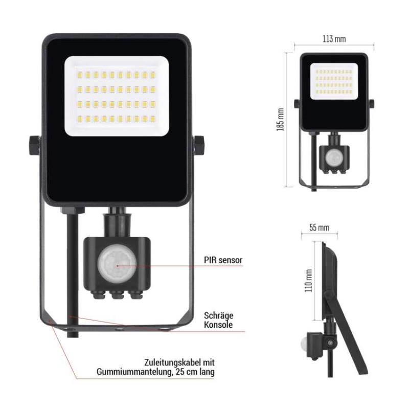 LED-Strahler VISIO mit Bewegungsmelder, 20 W, schwarz, neutral weiß