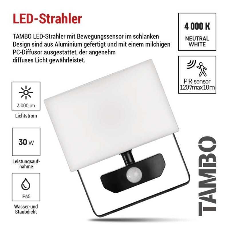 LED-Flutlicht TAMBO mit Bewegungssensor, 30 W, 3000 lm, schwarz