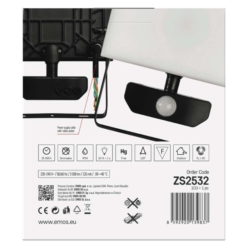 Naświetlacz LED TAMBO z czujnikiem PIR, 30 W, 3000 lm, czarny