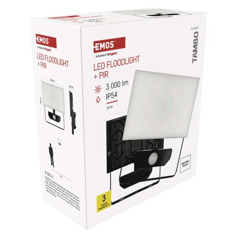 Naświetlacz LED TAMBO z czujnikiem PIR, 30 W, 3000 lm, czarny